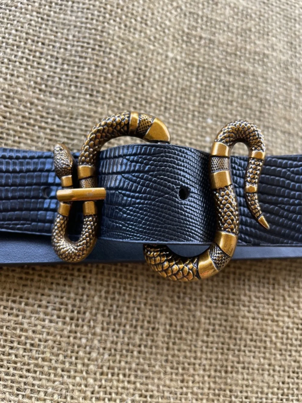 Faux Croc Textured Leather Belt with Gold-Tone Double Snake Buckle Accent
